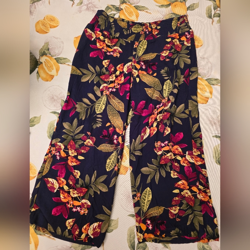 J.Jill Floral Print Wide Leg Capri Pants in Navy and Multicolor